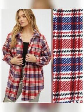 Davi & Dani Oversized Plaid Shacket Jacket Shirt Size Large Red White Blue NWT